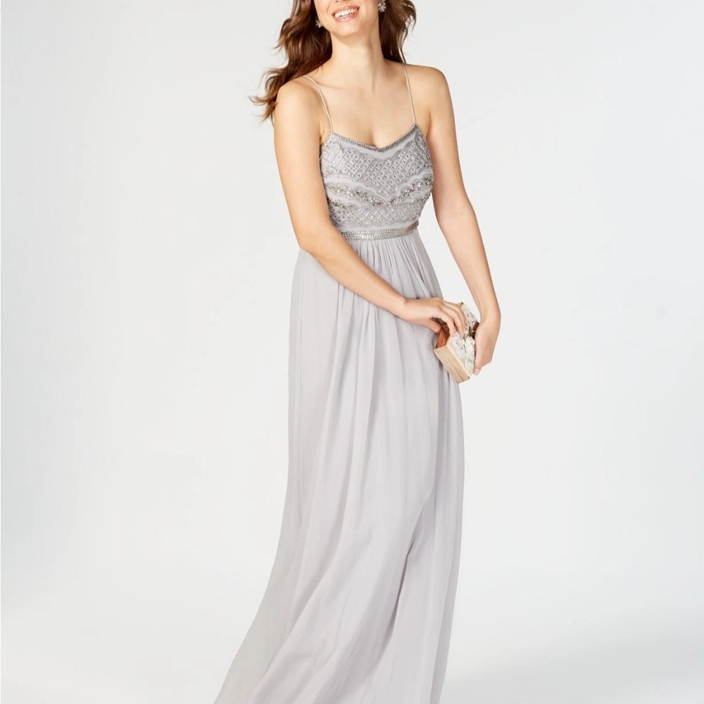 Adrianna Papell Gray Pleated Sweetheart Maxi Gown